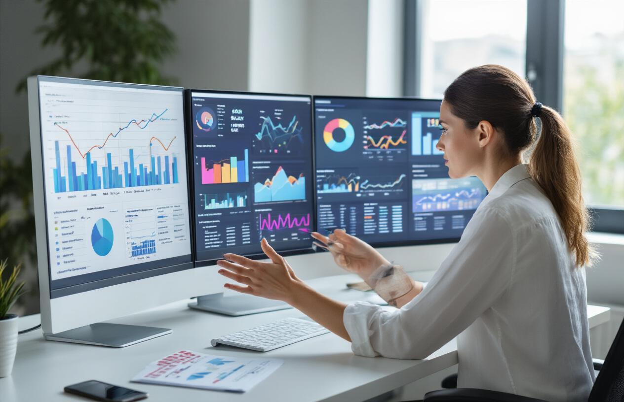 Create a realistic image of a white female marketing professional sitting at a modern desk analyzing colorful data visualization charts and engagement metrics on dual computer monitors, with her hands gesturing toward the screens while examining customer behavior analytics, surrounded by a clean contemporary office environment with soft natural lighting from a window, featuring bar graphs, line charts, and dashboard interfaces displaying various performance indicators, with a smartphone and notepad nearby showing local business optimization data, absolutely NO text should be in the scene.