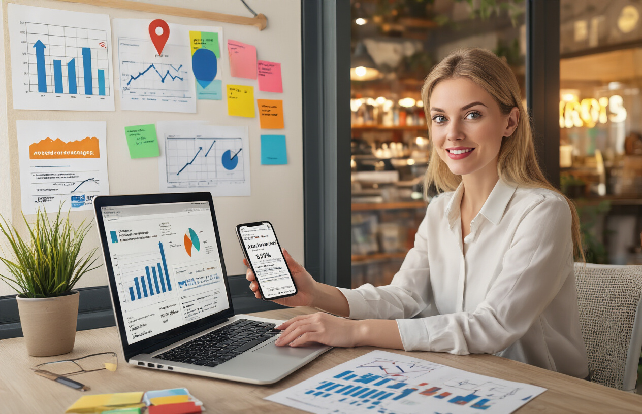 Create a realistic image of a white female marketing professional sitting at a modern desk with a laptop open, surrounded by visual elements representing local engagement including a smartphone displaying location pins, printed analytics charts with upward trending graphs, colorful sticky notes on a wall board, and a coffee shop storefront visible through a window in the background, with warm natural lighting creating a productive workspace atmosphere, absolutely NO text should be in the scene.