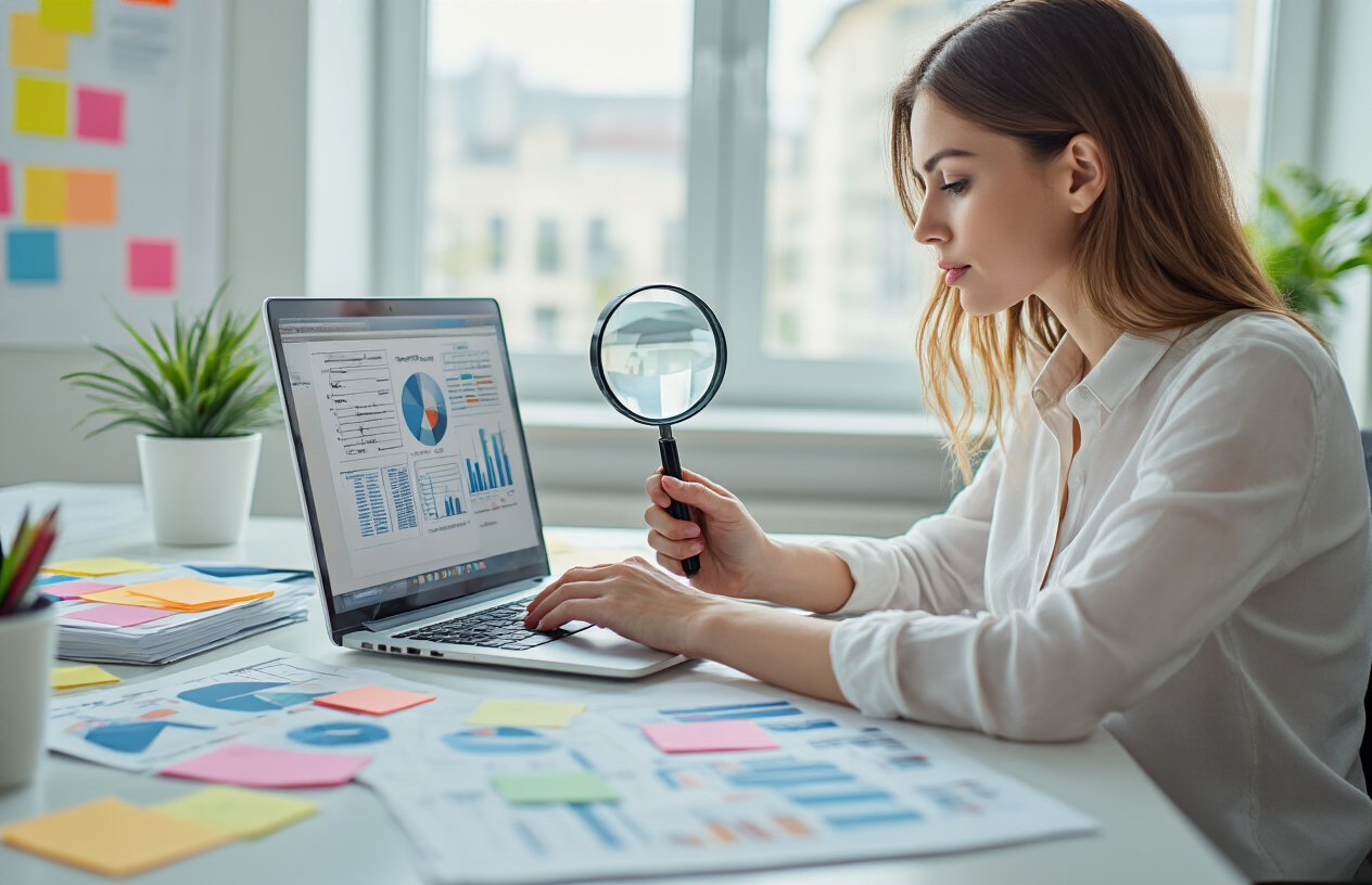 Create a realistic image of a white female marketing professional sitting at a modern desk with a laptop computer, surrounded by colorful sticky notes, charts, and research documents spread across the workspace, with a magnifying glass positioned over a printed list of location-based search terms, in a bright contemporary office setting with natural lighting from a window, conveying focused research and analysis activity, absolutely NO text should be in the scene.