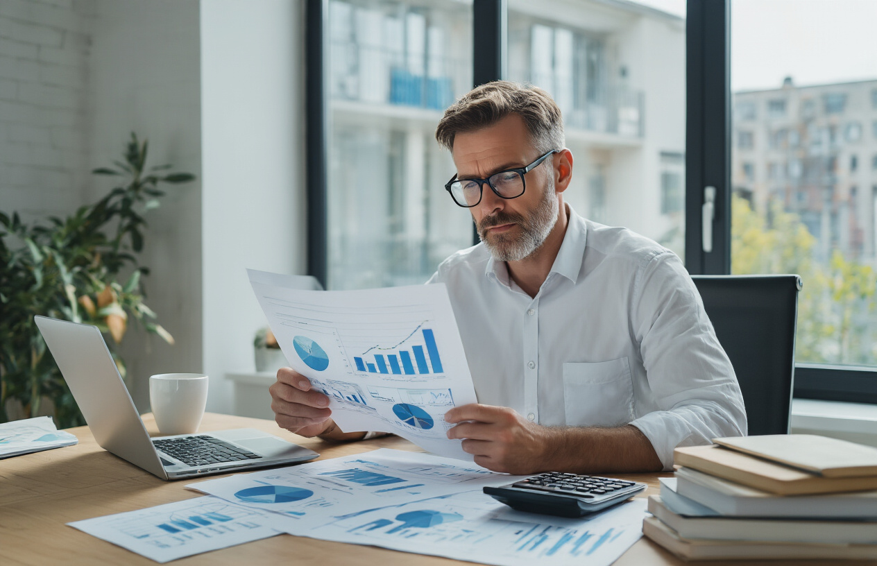 Create a realistic image of a white male business owner in his 40s sitting at a modern desk with a laptop, calculator, and financial charts spread out, carefully analyzing SEO budget allocation documents, with upward trending graphs and ROI metrics visible on papers, surrounded by marketing strategy books and a coffee cup, in a bright contemporary office setting with natural lighting from a large window, conveying focused determination and strategic planning for maximum return on investment, absolutely NO text should be in the scene.