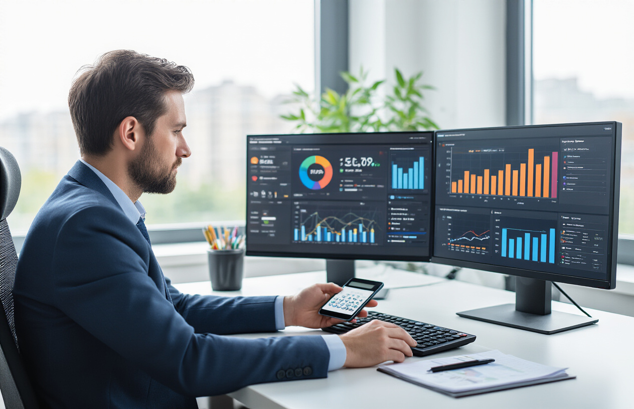 Create a realistic image of a white male business professional sitting at a modern desk with multiple computer monitors displaying colorful analytics dashboards with graphs, charts, and performance metrics, smartphone showing Google Business Profile interface nearby, calculator and notepad with pen for taking notes, clean office environment with natural lighting from a window, focused concentrated mood as he analyzes data to optimize messaging strategy, absolutely NO text should be in the scene.