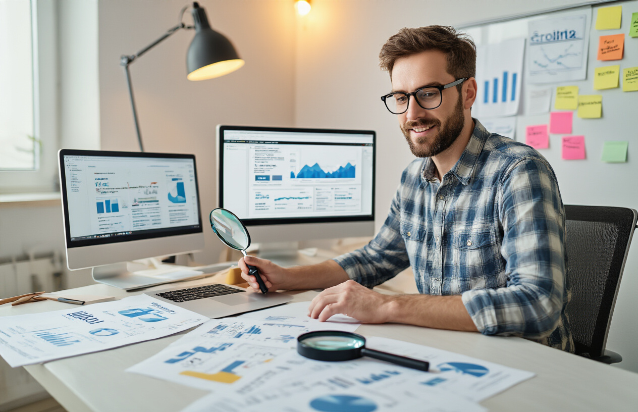 Create a realistic image of a white male digital marketer in his 30s sitting at a modern desk with a laptop open, surrounded by printed keyword research documents and charts showing search volume data, with a magnifying glass positioned over product listing printouts, multiple browser tabs visible on the computer screen displaying e-commerce platforms, sticky notes with keyword phrases attached to a wall-mounted whiteboard behind him, warm office lighting creating a focused work atmosphere, absolutely NO text should be in the scene.