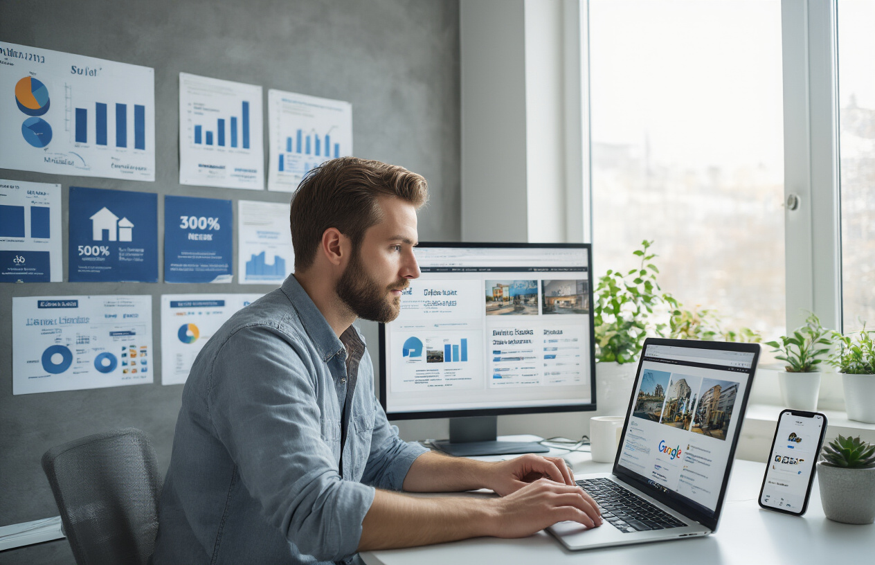 Create a realistic image of a white male digital marketer in his 30s sitting at a modern desk working on a laptop computer with multiple browser tabs open showing local business websites, surrounded by marketing charts and graphs on the wall, a smartphone displaying Google search results nearby, in a bright contemporary office setting with natural lighting from a window, professional and focused atmosphere. Absolutely NO text should be in the scene.