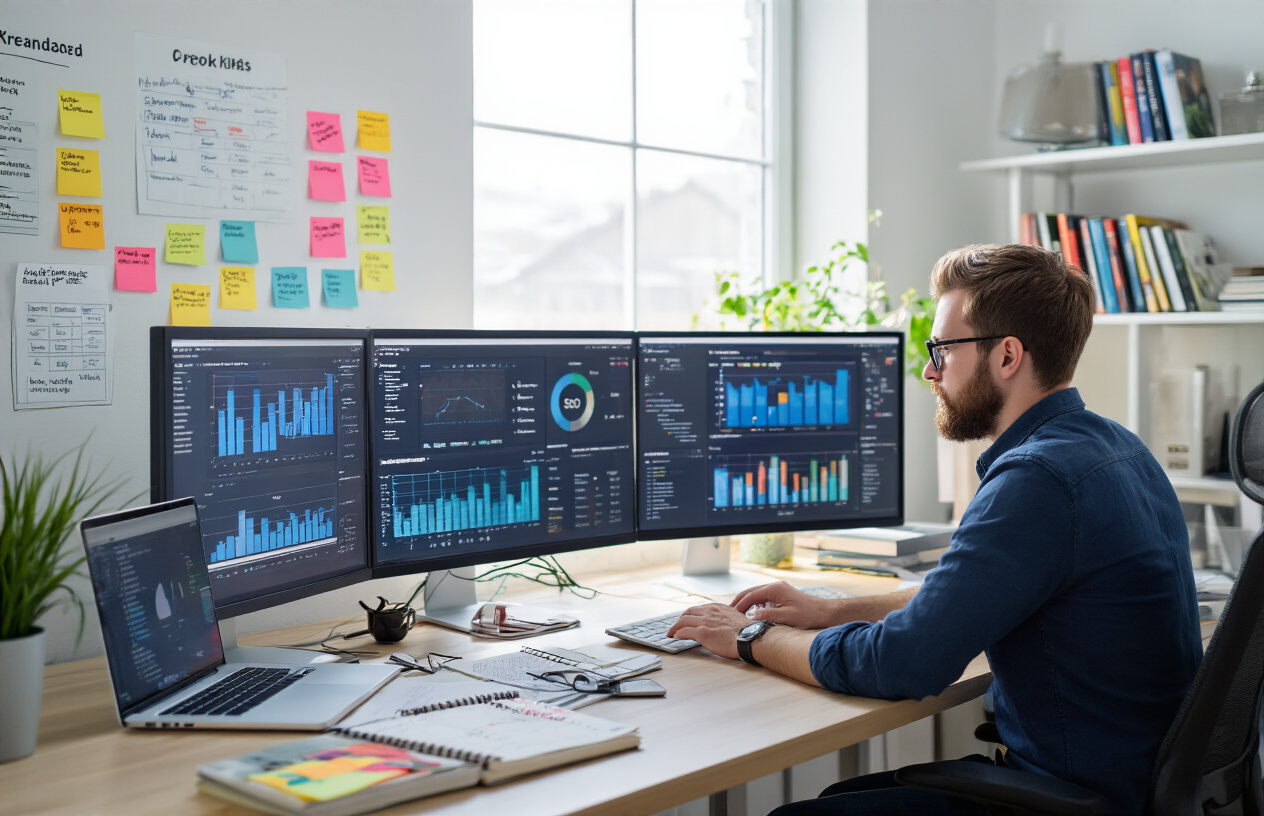 Create a realistic image of a white male digital marketer sitting at a modern desk with multiple computer monitors displaying SEO analytics dashboards, keyword research data, and website performance metrics, surrounded by notebooks with handwritten strategy notes, sticky notes on a wall showing keyword clusters and content ideas, a laptop open to a content management system, and marketing books on shelves in the background, in a bright modern office setting with natural lighting from a window, showing the person actively planning and implementing SEO strategies based on keyword research data. Absolutely NO text should be in the scene.