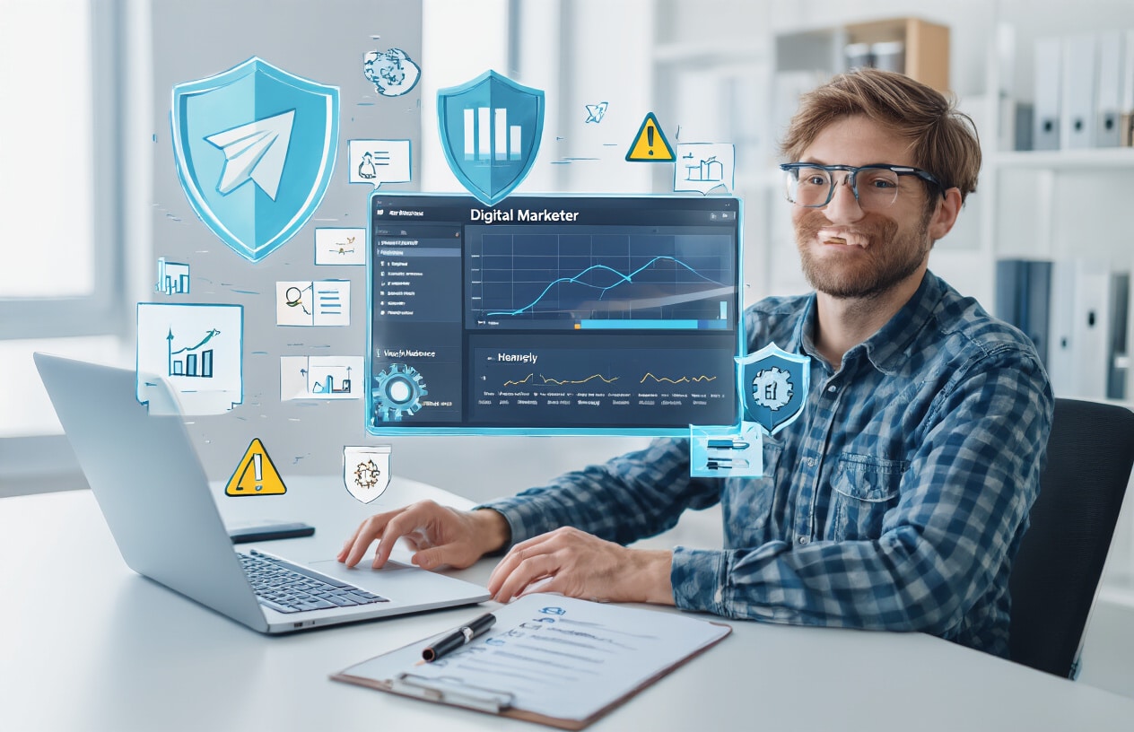 Create a realistic image of a white male digital marketer sitting at a modern office desk with a laptop computer displaying a website analytics dashboard, surrounded by protective shield icons floating in the air, a checklist on paper beside the keyboard, and preventive maintenance tools like a magnifying glass and warning symbols, set in a bright professional office environment with clean lighting, conveying a sense of proactive website optimization and protection, absolutely NO text should be in the scene.