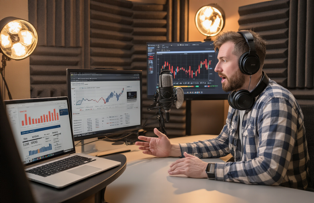 Create a realistic image of a white male podcaster sitting at a professional recording desk with a large microphone, laptop displaying analytics graphs and website backlink metrics, studio headphones around his neck, speaking into the microphone while gesturing toward his laptop screen, warm ambient lighting from overhead studio lights, dark acoustic foam panels on walls in background, modern podcast studio setting with clean professional aesthetic, absolutely NO text should be in the scene.