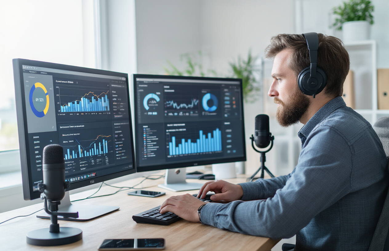 Create a realistic image of a white male professional sitting at a modern desk with dual computer monitors displaying analytics dashboards and SEO metrics, surrounded by digital marketing tools including a microphone, headphones, and smartphone, with charts and graphs visible on the screens showing website traffic growth and backlink data, in a bright contemporary office setting with natural lighting from a window, conveying a focused and productive atmosphere of digital optimization work, absolutely NO text should be in the scene.