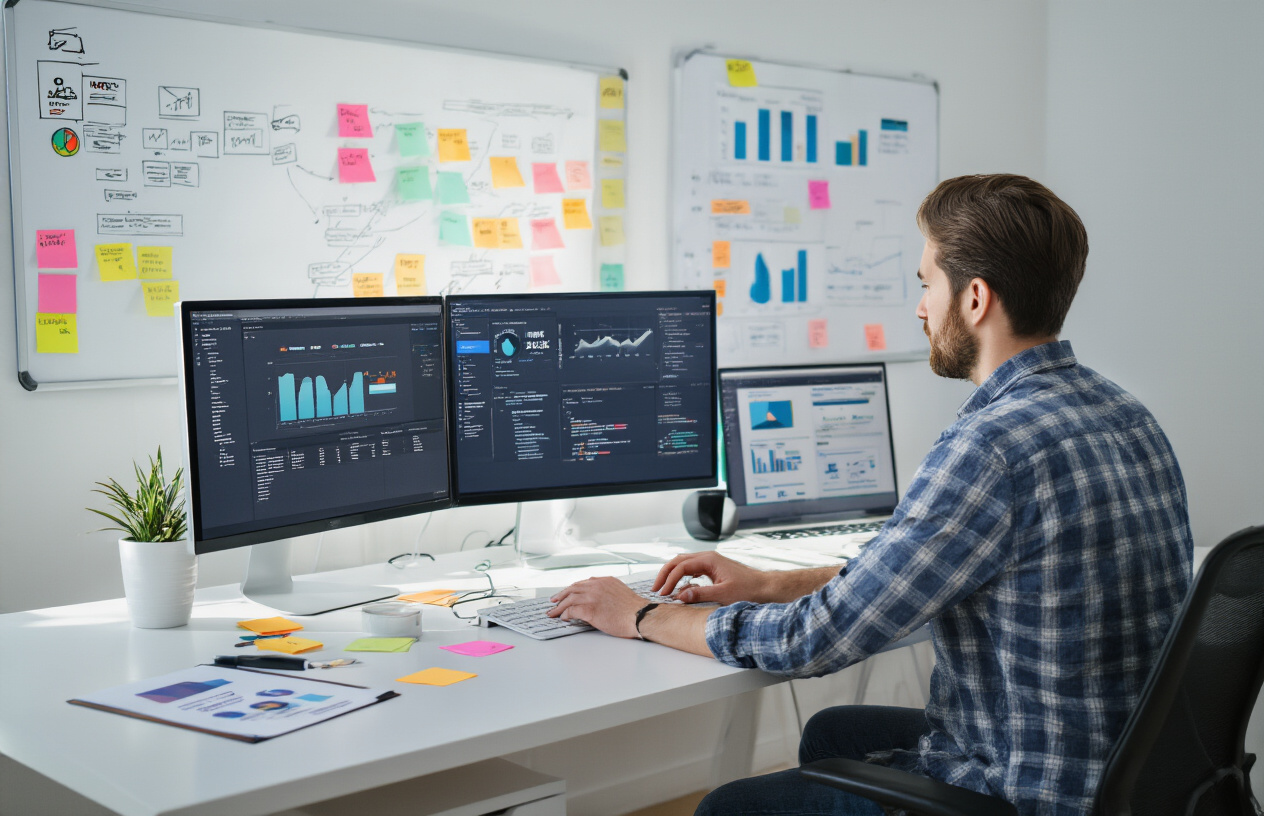 Create a realistic image of a white male web developer sitting at a clean, modern desk with dual computer monitors displaying website analytics dashboards and SEO management tools, with organized sticky notes on a whiteboard in the background showing a systematic workflow diagram, bright office lighting creating a productive atmosphere, the person actively typing on a keyboard while reviewing meta description optimization strategies, absolutely NO text should be in the scene.