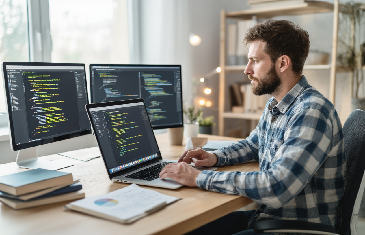 Create a realistic image of a white male web developer sitting at a modern desk working on a laptop computer, with multiple browser windows open showing website error pages and debugging tools, surrounded by coding reference books and notepads with handwritten solutions, in a well-lit home office with warm lighting, depicting focused problem-solving activity for website error resolution, absolutely NO text should be in the scene.