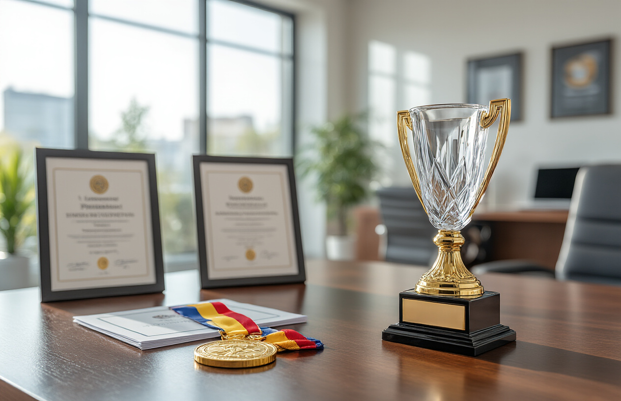 Create a realistic image of an elegant crystal trophy and gold medal displayed on a polished wooden desk alongside official industry certificates in frames, with a modern small business office environment in the background featuring professional furniture and soft natural lighting from large windows, conveying prestige and achievement, absolutely NO text should be in the scene.