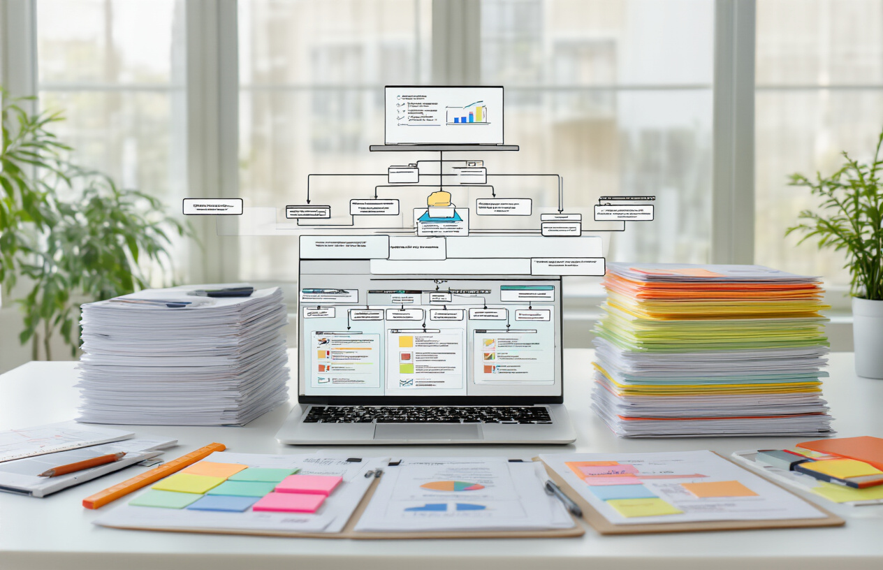 Create a realistic image of an organized workspace showing a hierarchical content structure visualization with multiple tiers of connected boxes or flowchart elements arranged in a tree-like formation on a clean white desk, featuring a modern laptop computer displaying organizational charts, neat stacks of papers with visible headings at different levels, colorful sticky notes arranged in systematic patterns, and a few organizational tools like rulers and highlighters, all set against a bright, well-lit office environment with natural lighting from a window, absolutely NO text should be in the scene.