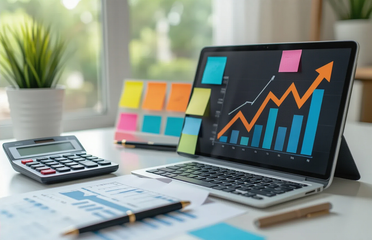 Create a realistic image of an upward trending growth chart or graph displayed on a modern digital tablet or laptop screen, surrounded by strategic business planning elements like colorful sticky notes with arrows pointing upward, a sleek calculator, and organized documents on a clean white desk, with soft natural lighting from a nearby window creating a professional and optimistic atmosphere that conveys systematic progress and structured learning methodology, absolutely NO text should be in the scene.