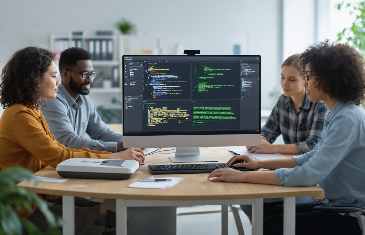 Create a realistic image of diverse people of different races and genders collaborating around a modern computer workstation with accessibility tools visible on the screen including screen reader interface, high contrast settings, and keyboard navigation indicators, with assistive technology devices like braille display and ergonomic keyboard on the desk, bright professional office lighting, clean minimalist background, conveying inclusivity and accessibility in digital design, absolutely NO text should be in the scene.
