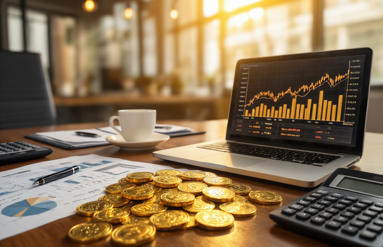 Create a realistic image of golden coins and dollar bills scattered around modern business documents, financial charts, and graphs on a polished wooden desk, with a sleek laptop computer displaying upward trending analytics, surrounded by professional business accessories like a calculator, pen, and coffee cup, all bathed in warm golden lighting that emphasizes the "goldmine" concept, with a blurred modern office background, conveying prosperity and financial success. Absolutely NO text should be in the scene.