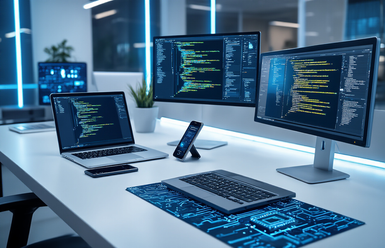 Create a realistic image of modern technology workspace featuring sleek laptops, smartphones, and software development tools on a clean white desk, with glowing computer screens displaying code and digital interfaces, surrounded by high-tech gadgets and circuit board elements, set in a contemporary office environment with soft blue LED lighting creating a professional and innovative atmosphere, absolutely NO text should be in the scene.