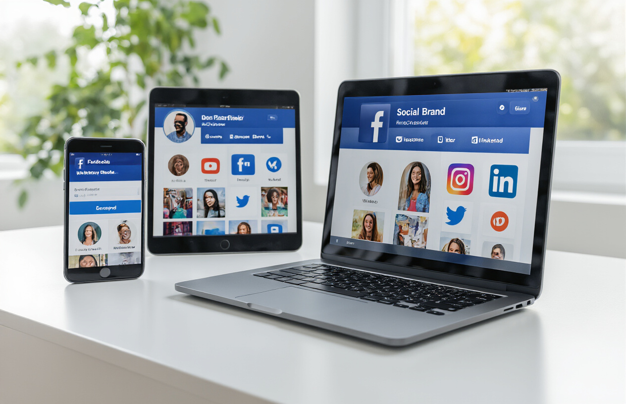 Create a realistic image of multiple digital devices including a smartphone, tablet, and laptop computer displaying the same brand's social media profiles with consistent profile photos and cover images across different platforms like Facebook, Twitter, Instagram, and LinkedIn, arranged on a clean white desk surface with soft natural lighting from the side, showing how the same brand elements maintain visual cohesion across various social media interfaces, absolutely NO text should be in the scene.