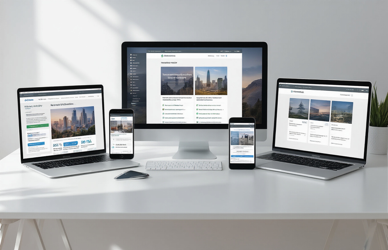 Create a realistic image of multiple digital device screens including smartphones, tablets, laptops, and desktop monitors displaying different website layouts and content management interfaces, arranged on a modern white desk with subtle shadows, soft natural lighting from the side, clean minimalist background, professional workspace atmosphere, showing various platform-specific content optimization examples across different screen sizes, Absolutely NO text should be in the scene.
