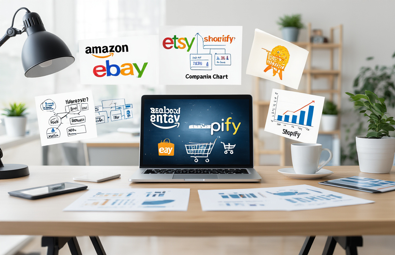 Create a realistic image of multiple e-commerce platform logos and icons (Amazon, eBay, Etsy, Shopify) arranged on a modern desk surface with a laptop computer displaying different product listing interfaces, surrounded by strategic planning elements like flowcharts, comparison charts, and optimization guidelines, set in a bright professional office environment with clean lighting, absolutely NO text should be in the scene.