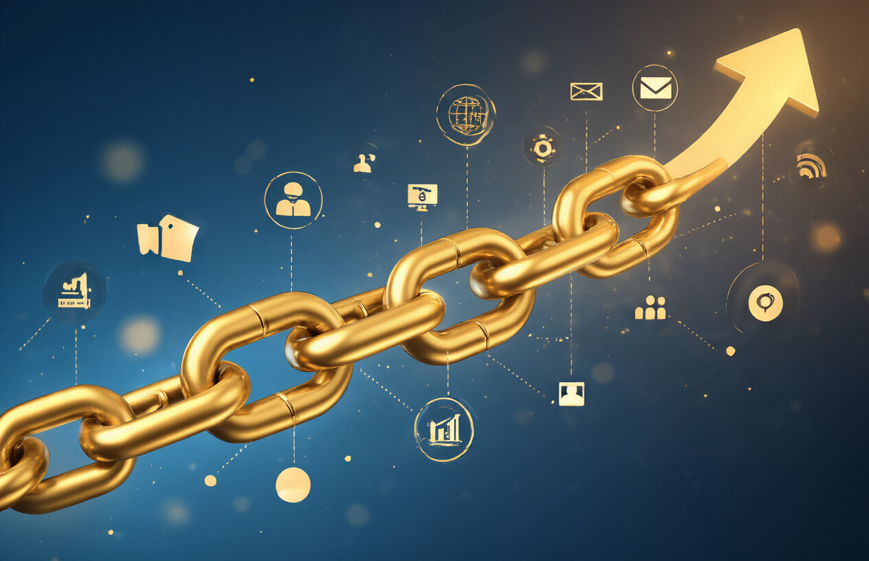 Create a realistic image of multiple golden chain links connecting different website icons and domain symbols floating in a digital space, with upward-pointing arrows indicating growth and authority increase, set against a clean gradient background transitioning from deep blue to light blue, with soft professional lighting that creates a sense of interconnectedness and digital networking, absolutely NO text should be in the scene.