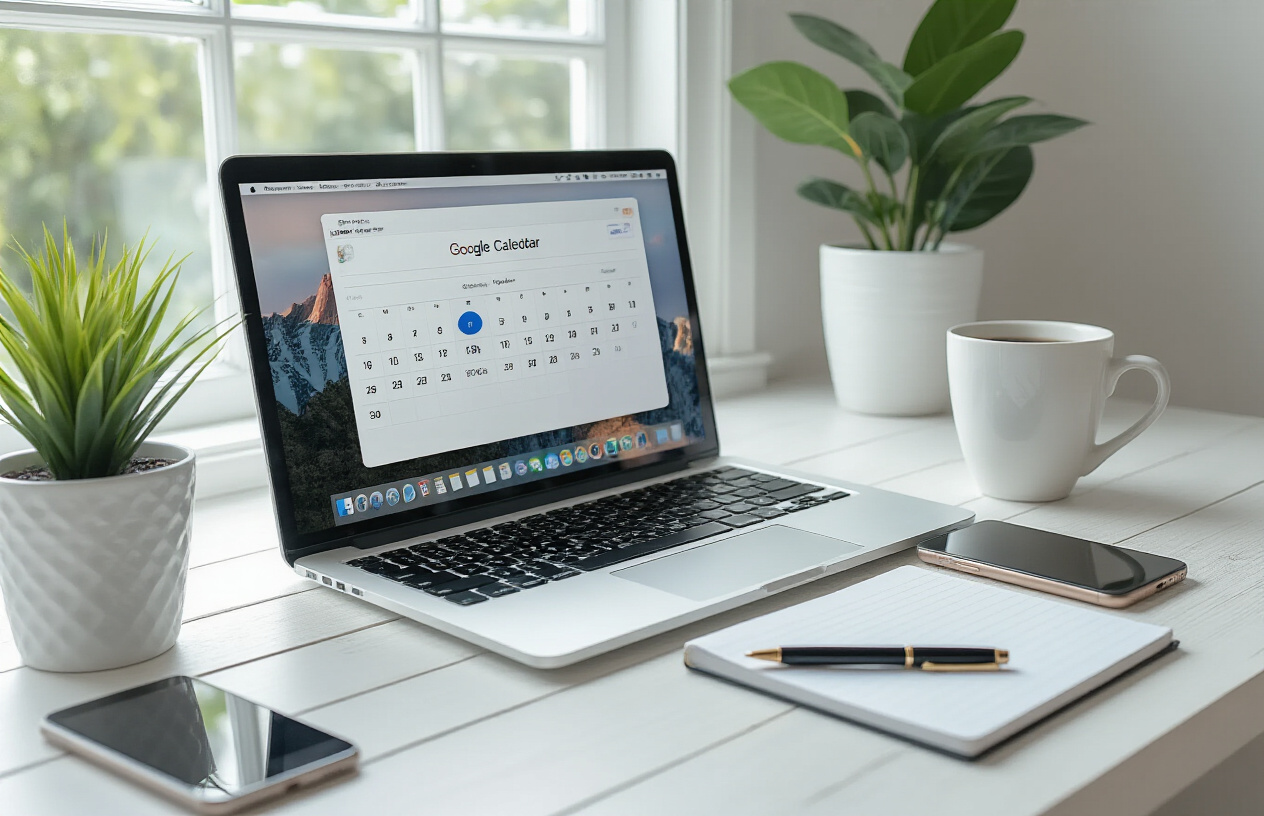 Create a realistic image of a clean, modern desk setup with an open laptop displaying Google Calendar interface on the screen, a smartphone beside it also showing a calendar app, a coffee cup, and a notepad with a pen, all arranged on a white wooden desk near a bright window with natural daylight streaming in, creating a productive and organized workspace atmosphere that suggests successful appointment scheduling and time management. Absolutely NO text should be in the scene.